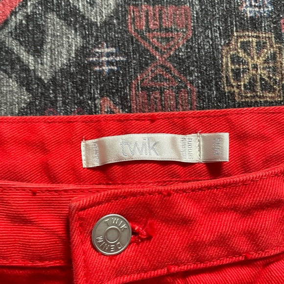 Twik Simons Red Denim Button Fly Mini Skirt EUC size M - Picture 3 of 4